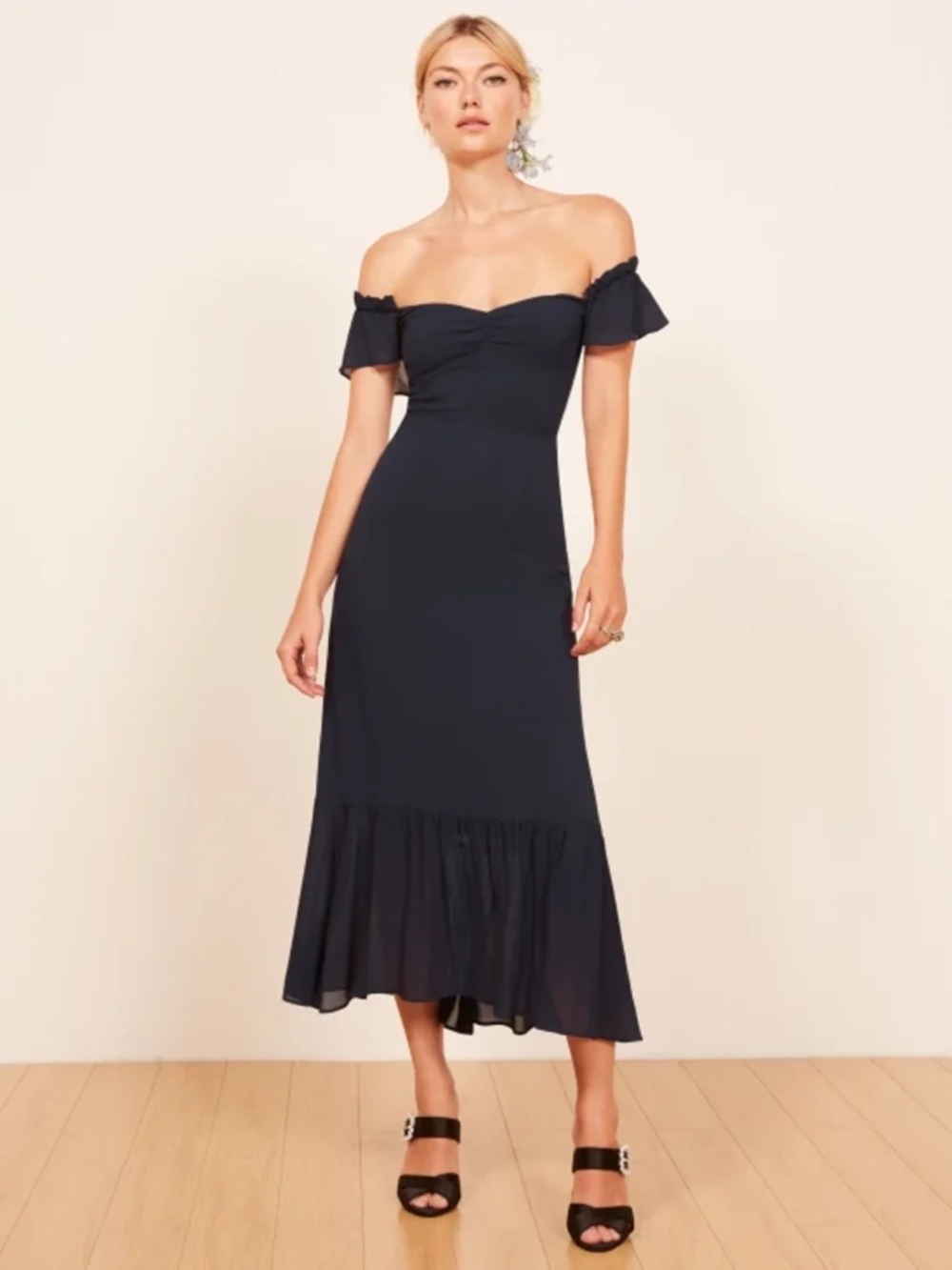 Reformation Navy Off-the-Shoulder “Butterfly” Ruffled Formal Midi Dress - Size 6